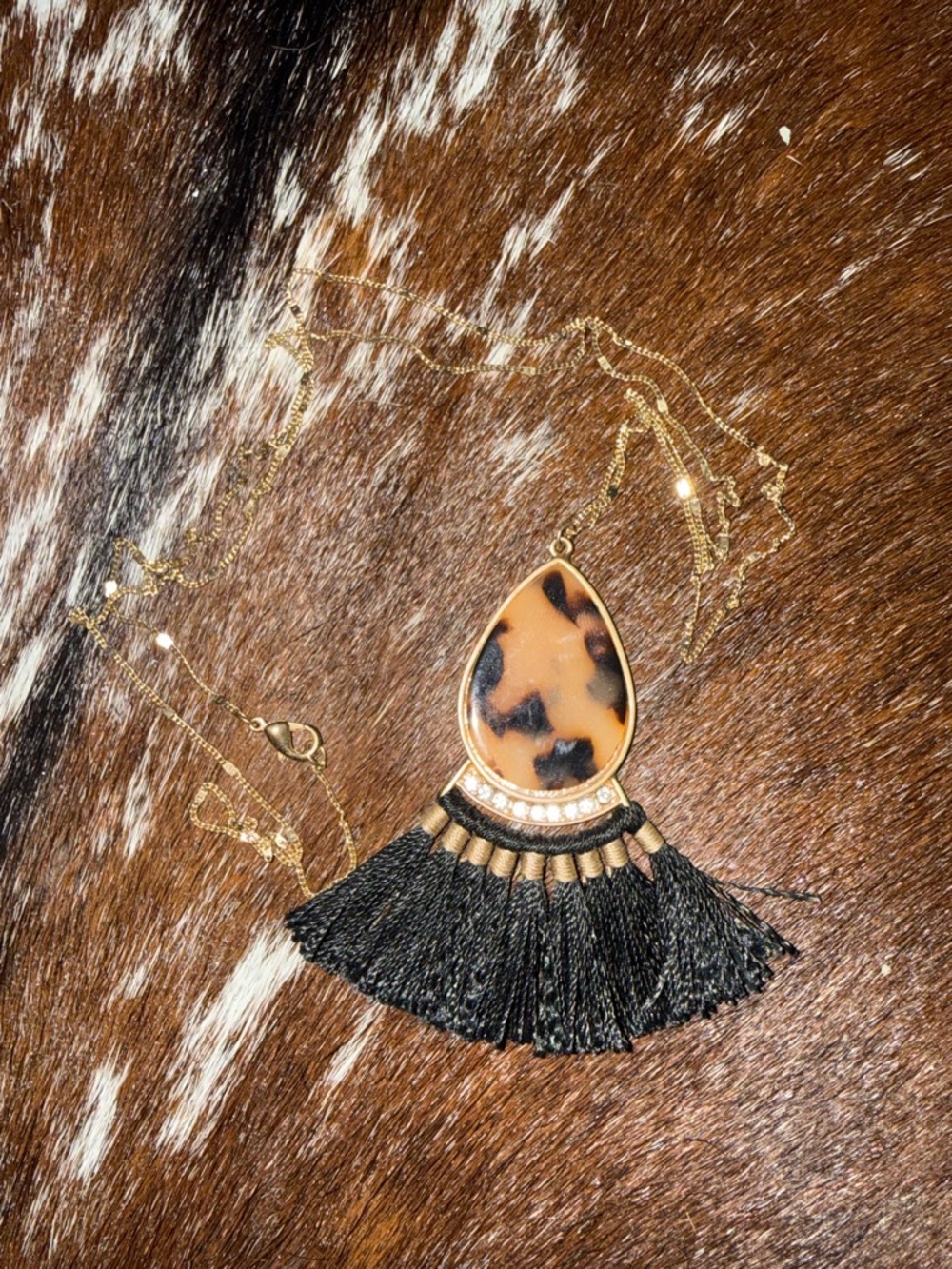 Premier Designs Tortoiseshell Teardrop Necklace with Black Tassel Fringe